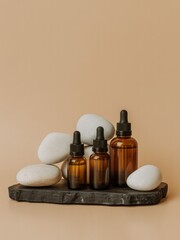 Three amber bottles with droppers on a black stone slab surrounded by smooth white stones against tan