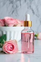 Close up of a bottle with pink liquid and a dropper next to pink roses on a marble surface