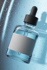 Close up of a clear glass bottle with a dropper and a blank label against a wet background