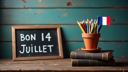 French national day celebration with colored pencils and french flag on books