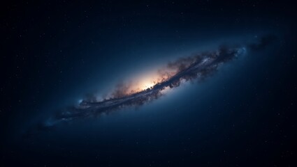 A cosmic spiral galaxy with bright center and dark blue outer space filled with distant stars