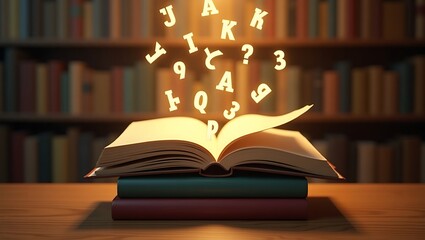 Glowing letters and numbers float out of an open book on a desk in a library