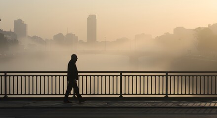 Fototapeta premium Man Walking Across a Bridge in a Foggy City 