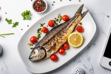 Grilled Fish with Lemon and Tomatoes on a White Plate