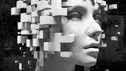 Futuristic Portrait of a Woman with Artificial Intelligence and Data Fragmentation Effect - Powered by Adobe