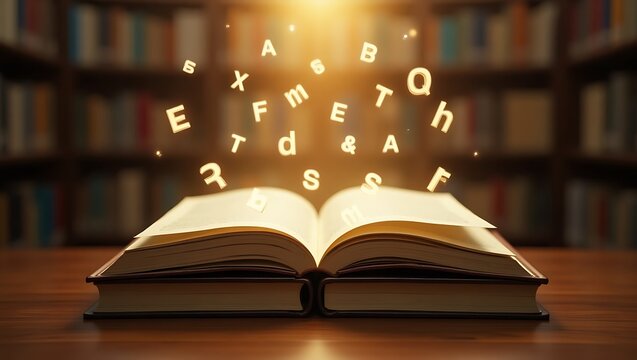 Glowing letters float out of an open book in a library setting - Powered by Adobe