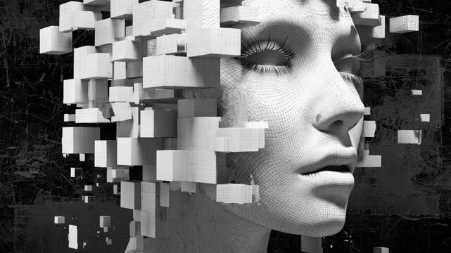 Futuristic Portrait of a Woman with Artificial Intelligence and Data Fragmentation Effect
