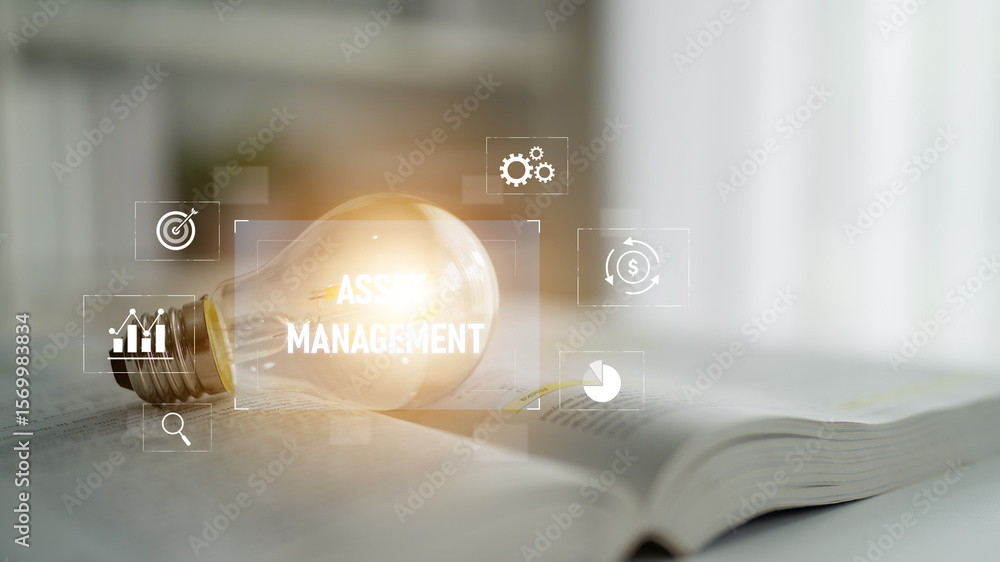 Poster asset management system showing investment planning, financial goal tracking, roi analysis, and perf