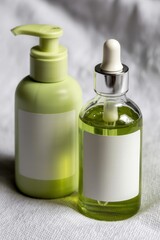 Close up of two cosmetic bottles with blank labels on a textured white surface in soft light