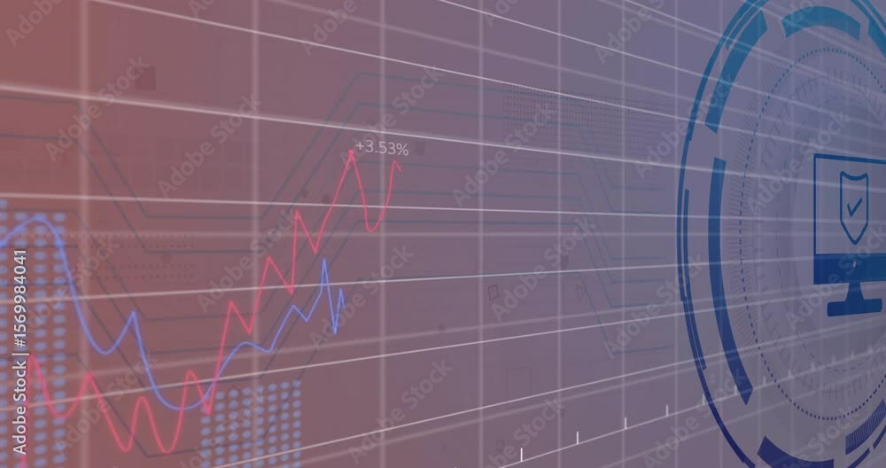 Aufkleber grid pausing initiating monitor icon fading while red and blue chart lines tracing market shifts
