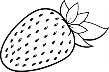 Black and White Strawberry Illustration Featuring Seeds and Leaves for Coloring Book Pages