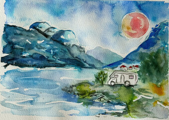 Watercolor campervan landscape with fjords, Norway travel art, hand-painted Nordic mountains illustration