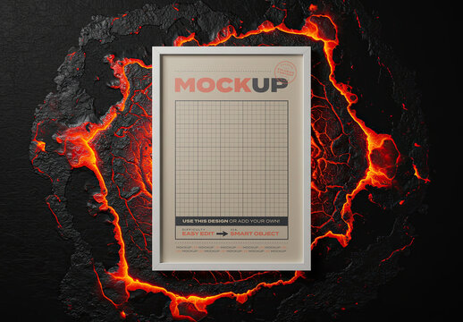 Vertical Poster Image Frame Mockup on Volcano Hot Lava