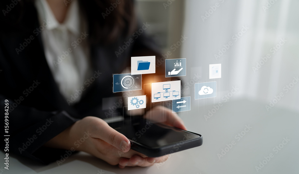 Poster digital business infrastructure with data system, analytics, sync. system management improves access