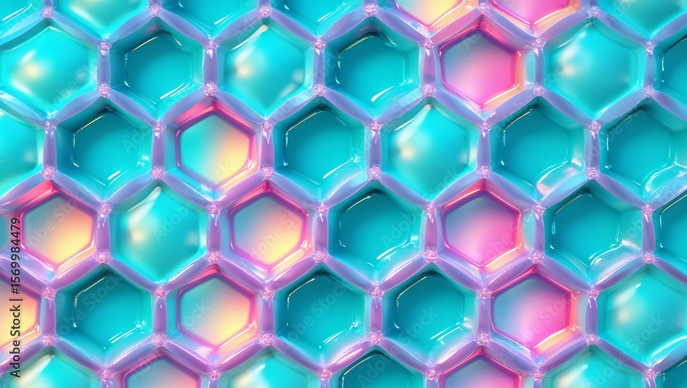 Poster vectorized quantum foam background, iridescent turquoise gradients, hexagonal pattern.