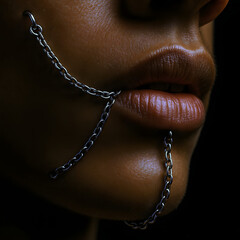A close-up of a man's face with piercings that include silver chains extending from the corners of his lips. The contrasting dark background highlights the details.