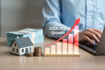 Person using laptop with house model, money stacks, coins and growth chart overlayed on screen