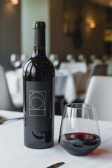 A bottle of red wine and a glass on a white tablecloth in a restaurant setting indoors lit well
