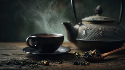 The steaming cup of tea beside a vintage teapot on a wooden table.
