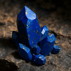 A cluster of rich blue lapis lazuli crystals with gold flecks set against a natural stone background. Perfect for nature and gemstone themes.