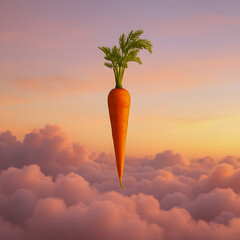 Bright orange carrots with green tops floating in the air against a cloudy sky at sunset. A surreal and inspiring composition.