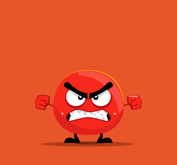 Cute angry cartoon character with clenched fists on orange background