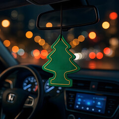 A car air freshener in the shape of a green Christmas tree, hanging on the rearview mirror. Against the backdrop of a night city with blurred lights.