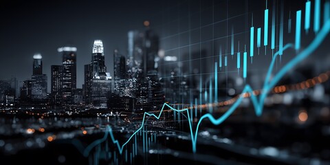 Blue and Black 3D Line Graph with Cityscape and Cryptocurrency Background – High-Resolution Stock Market Data Visualization, data analytics, financial technology, high quality stock photo, background