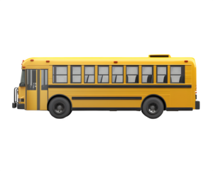 realistic yellow school bus mockup, side view with open doors, isolated on transparent background