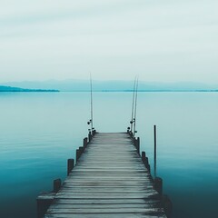Obraz premium Peaceful lakeside dock setup for fishing during tranquil sunrise high resolution picture