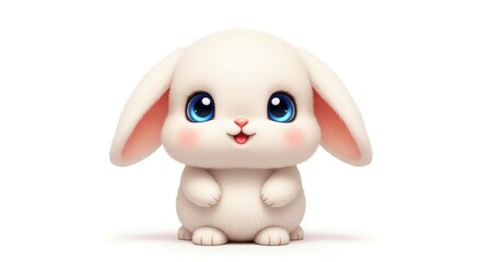 A cute, cartoonish, stylized white rabbit with big, blue eyes, rosy cheeks, and a small, happy mouth.  It's sitting upright, facing the viewer