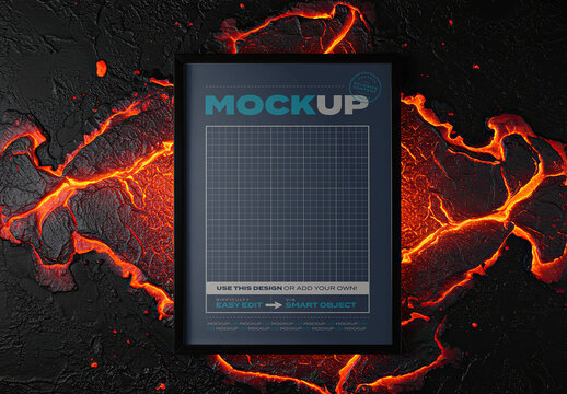 Vertical Poster Image Frame Mockup on Volcano Lava