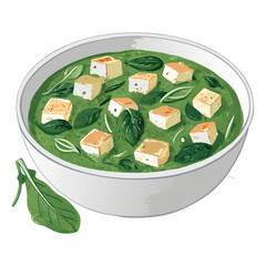 Delicious Palak Paneer Indian Dish in Bowl Watercolor Illustration Green Spinach Curry with Cheese