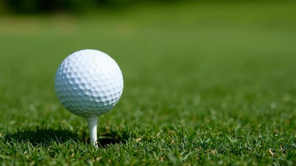 A pristine golf ball is set on a white tee amid vibrant green grass, with a bright blue sky visible in the background, capturing the essence of a sunny day on the course.