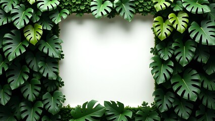 Square white space surrounded by monstera leaves and green foliage creating a natural frame