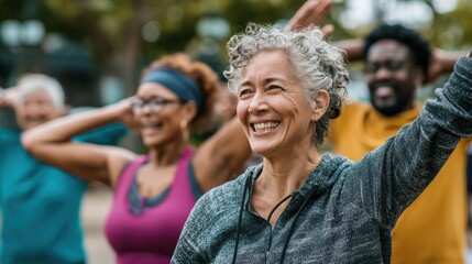 Multiethnic group of seniors enjoying a fitness class at a park