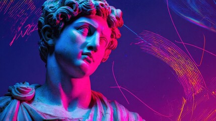 Roman marble bust illuminated by glowing neon pink and purple lights