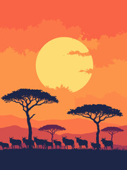 Maasai Mara landscape with acacia trees, herds of wildebeest, and dramatic golden-orange sunset