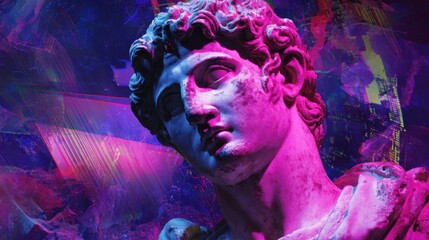 Roman marble bust illuminated by glowing neon pink and purple lights