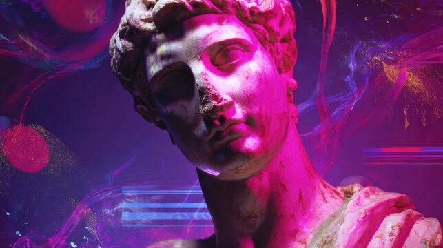 Roman marble bust illuminated by glowing neon pink and purple lights - Powered by Adobe