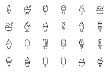 Ice cream line icon set. Vector collection of simple outline summer dessert symbols including cone, popsicle, sundae, and gelato