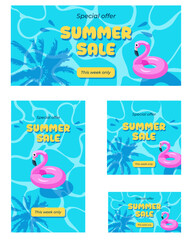 Summer Sale Flyer, Flamingo Inflatable Swimming Ring Under Palm Tree On Water With Yellow Letters. Multipurpose Voucher Templates For Websites And Printed Products.