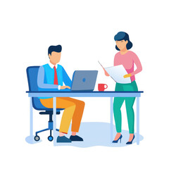 Obraz premium Two colleagues collaborating on a project at a desk with a laptop and documents isolated on transparent background