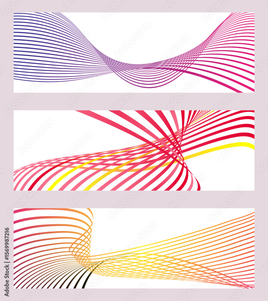 Poster Wavy lines or ribbons. Set of 3 backgrounds. Multicolored striped gradient. Creative unusual background with abstract gradient wave lines to create a trendy banner, poster. vector eps