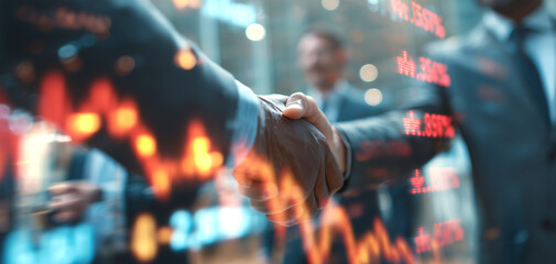 Dos hombres trajeados se dan la mano, con gráficos bursátiles superpuestos y luces bokeh. Colaboración financiera global y éxito, uniendo fuerzas en un entorno digital y bursátil.