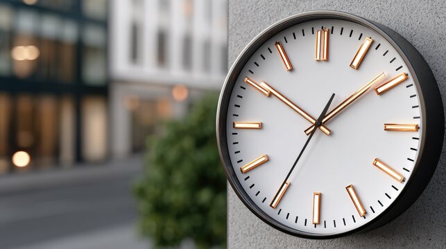 Floating in air, a futuristic clock emits neon lights against an abstract cityscape at night, with a blurred holographic display enhancing the sense of modernity and intrigue.