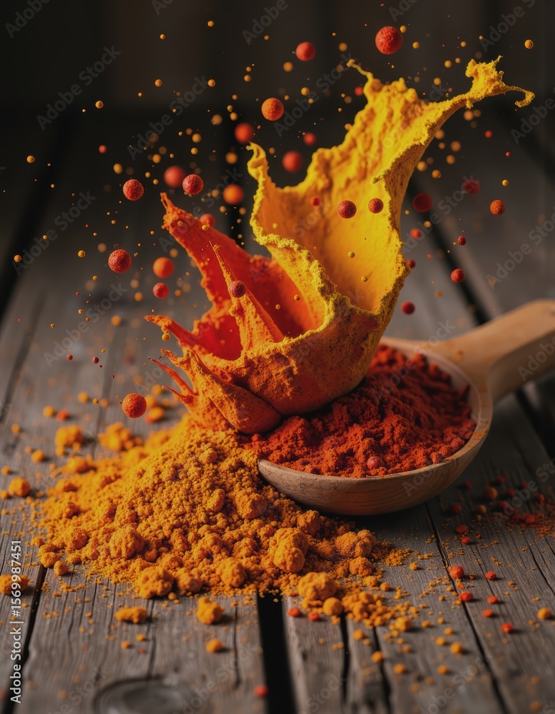 Poster levitating herbs and spices create a dynamic and vibrant composition