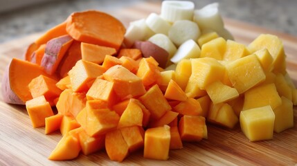 Freshly Chopped Colorful Vegetables on Cutting Board