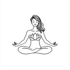 black and white logo continuous line drawing, woman meditating, lotus from her heart, thin black line, negative space, high contrast, vector-friendly, geometric shapes, symmetrical design