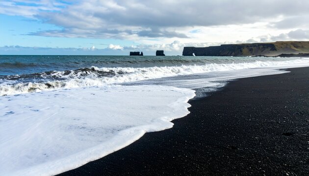 Black Sand Beach with Waves and Dramatic Cliffs Under Cloudy Sky - Powered by Adobe